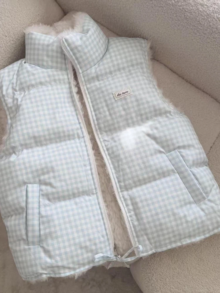 Winter Sweet Puffy Vest Women Fashion Cute Warm Thick Plaid Parkas Jacket Loose Zipper Bow Preppy Style Double Sides Outwear Top
