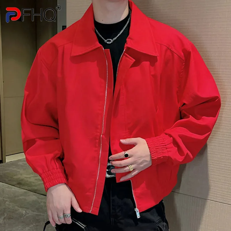 PFHQ Simple Men's Jackets Lapel Zipper Casual Short Coat Autumn Trendy Solid Color Loose Tops New Stylish Menswear 2024 9C7663