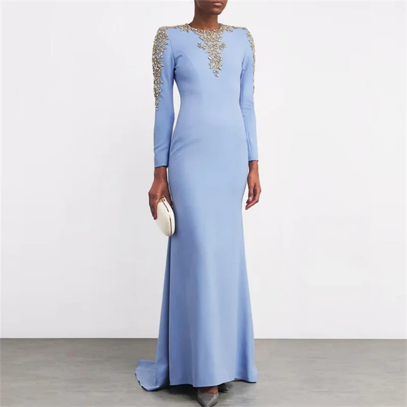 

Customized Mermaid Prom Dress Elegant Round Neck Full Sleeves Crystal Rhinestones Sweep Train Woman Arabian Evening Gown