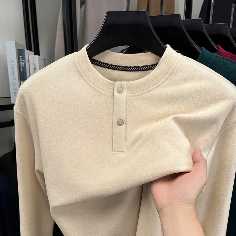Mens Loose Fit Henley Pullover Crew Neck Two Button Long Sleeve Soft Thermal Cloth Daily Commute Casual Apparel
