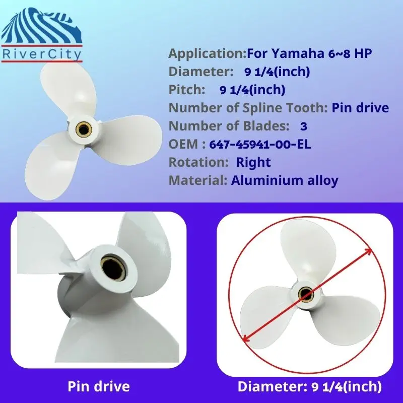 647-45941-00-EL Outboard Propeller For Yamaha 5hp 6hp 8hp 9.9hp 9 1/4x9 1/4 Boat Aluminum Alloy Screw 3 Blade Pin Drive