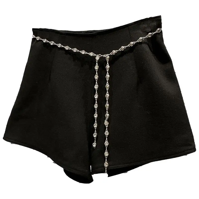  Winter New Sle Tee-Quarter Length Tweed orts for Women with Chain Diamond Waist Belt Ele Lady Pants