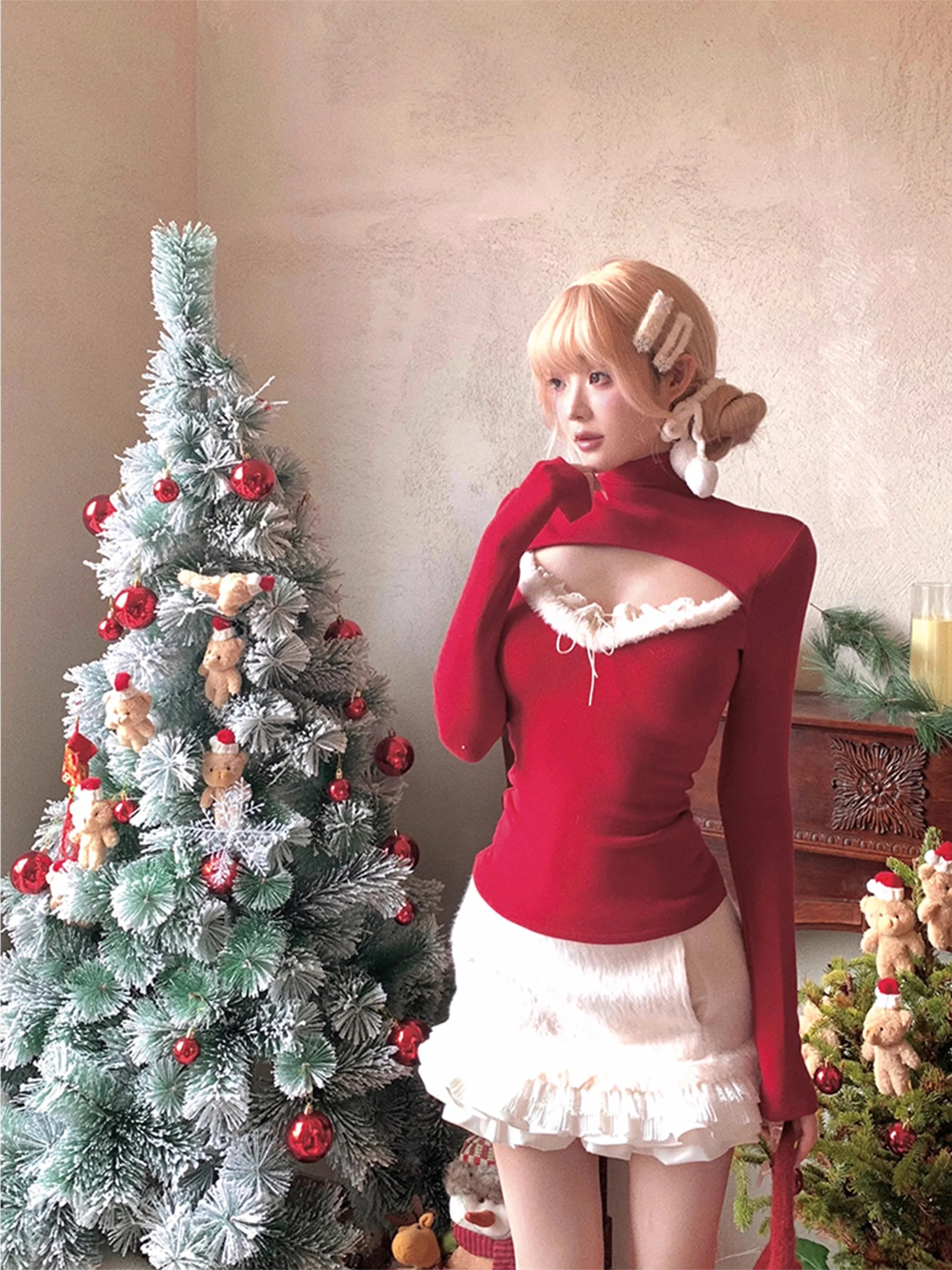 

Женская базовая кофта Slimming Sweet Pear Daze с V-образным вырезом и высоким воротником, двухцветная, с вырезами, для зимы, снега и лета, с длинными рукавами, другие материалы.