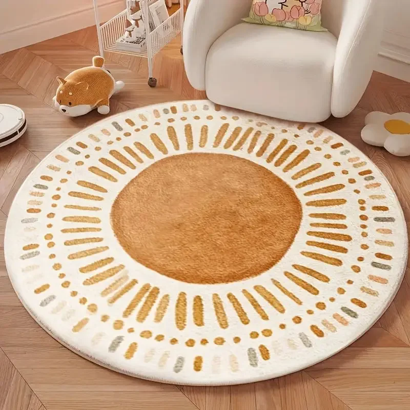 VIKAMA Bohemian Orange Sun Ray Circle Round Rug Contemporary Geometric Soft Floor Mat Bedroom Living Room Decor Durable Cozy
