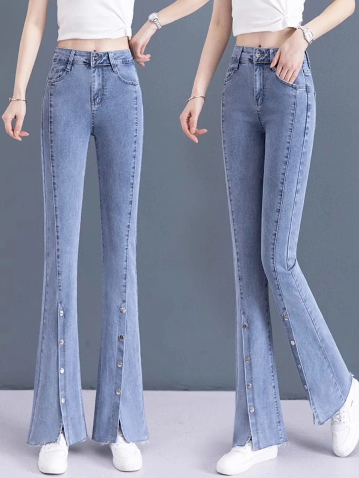 

Джинсы с высокой талией и микро-клешем для женщин, весна-осень, новые, стройнящие, удлиненные, повседневные, универсальные, синие джинсы из денима