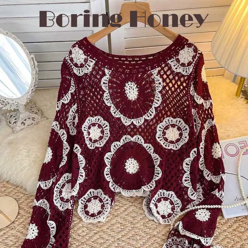 

Boring Honey Autumn Design Hollow Crocheted Sweater New Spice Girl Loose Versatile Long-Sleeved T-Shirt Fashion Slim Top Women