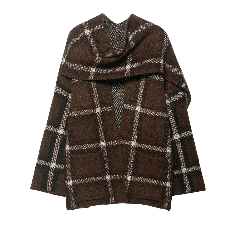 

2025 autumn and winter new plaid temperament retro style jacket women's loose thickened scarf knitted jacket