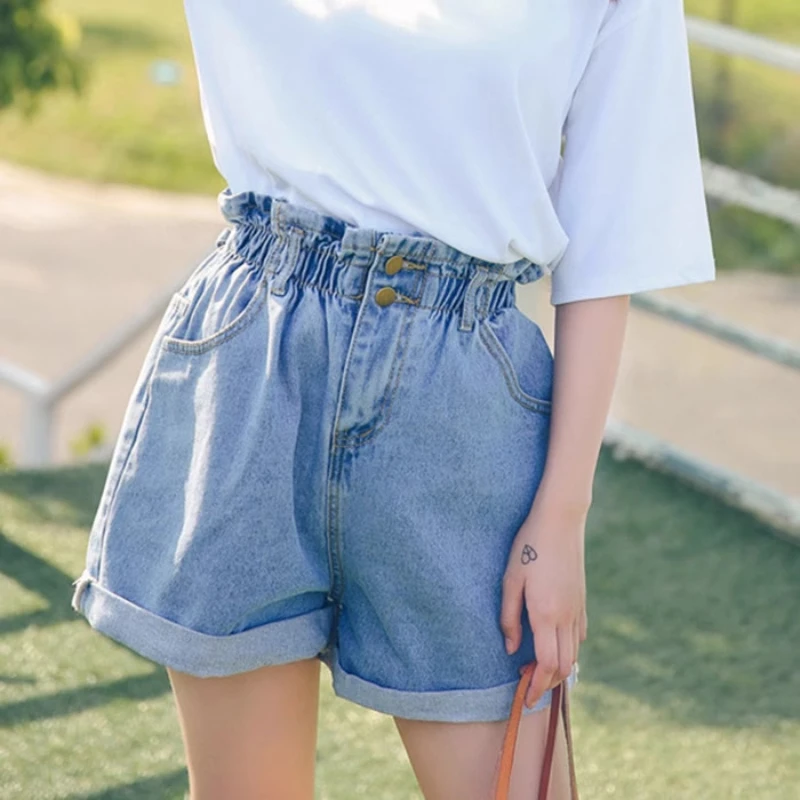 

S-5XL Y2k Summer Women Denim Shorts Causal Harem Ruffled White Blue Plus Size High Waist Pants Female Elastic Shorts Hot Pants