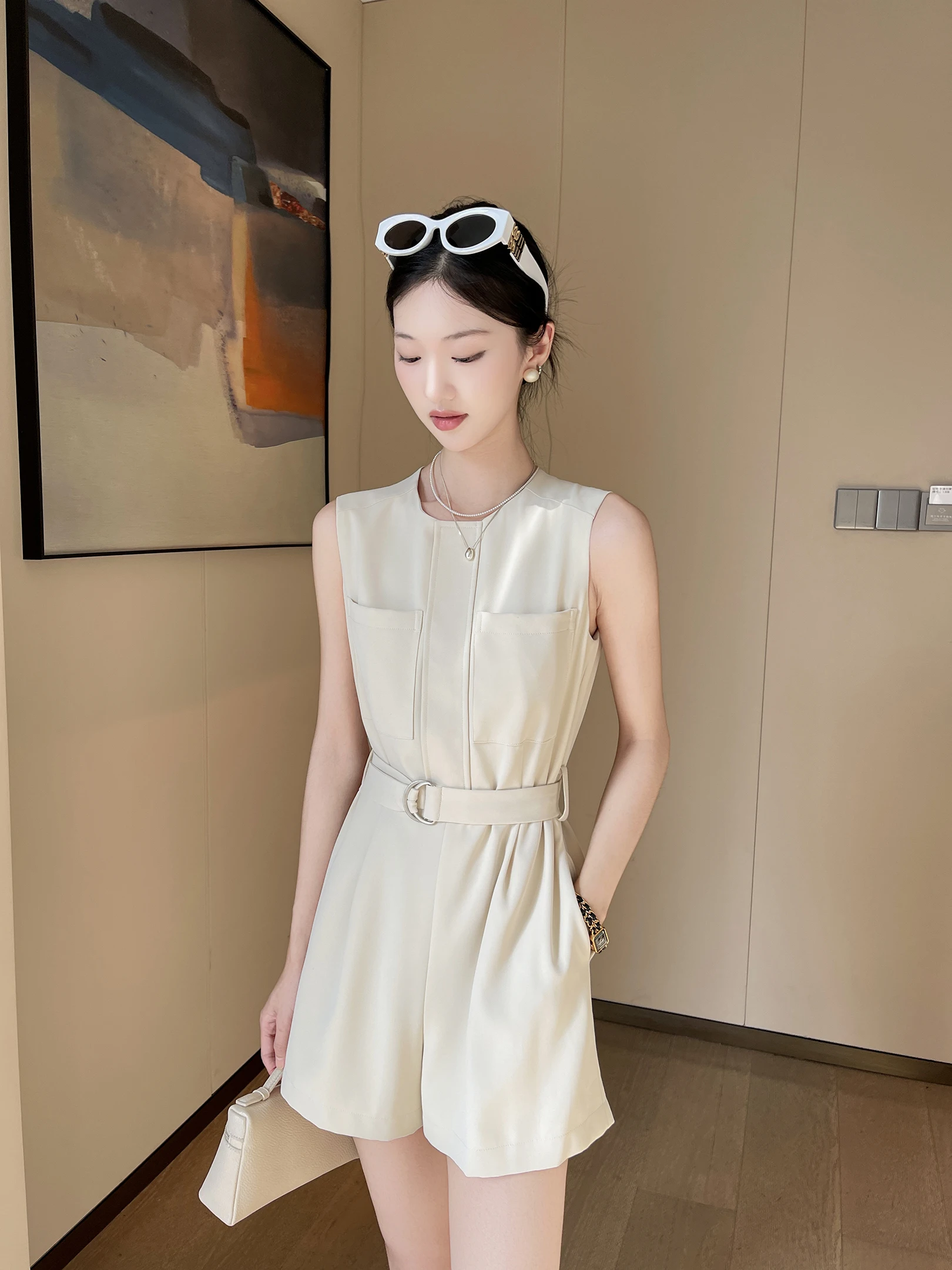

Ele Vintage High-Waist One-Piece Summer Suit for Women round Ne Svel Khaki Colorway Comfortable Straight Cut ortie