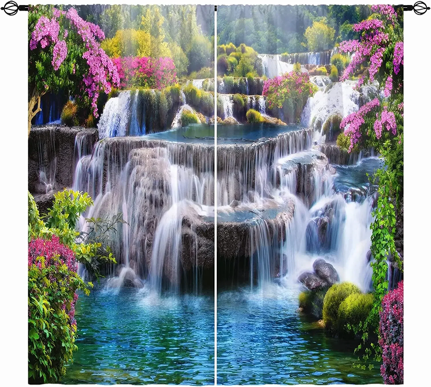 3D Digital Forest Tree Waterfall Landscape Curtains, Home Decor, Nature Scenery, Curtain Hook, Living Room, Bedroom