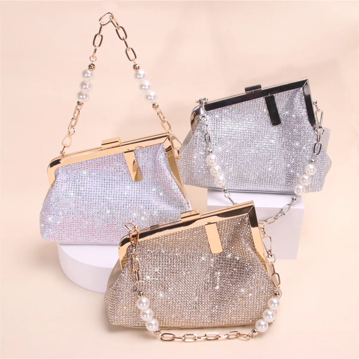 Full diamond dinner bag light luxury pearl chain mouth gold clip clutch bag wedding banquet messenger dress bag