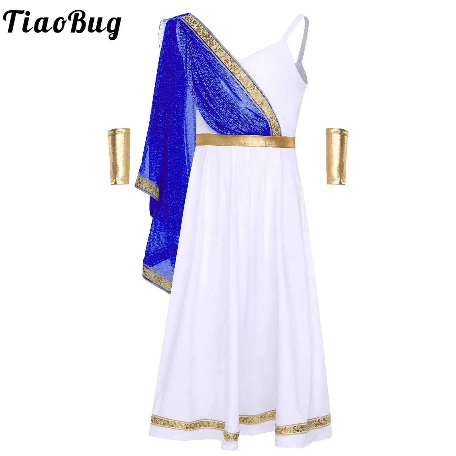 

Girls Ancient Greek Toga Princess Costume for Halloween Cosplay Party Romantic Costumes Robe Cape Golden Dress with Arm Sleeve