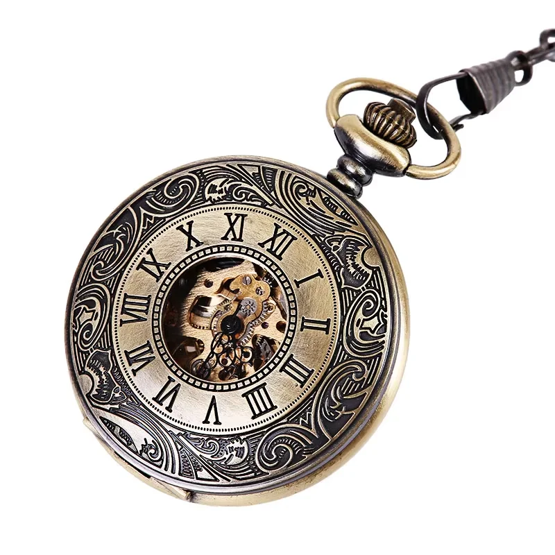 レトロトレンドブロンズローマ数字オープン機械式懐中時計チェーン付きメンズとレディースアクセサリー