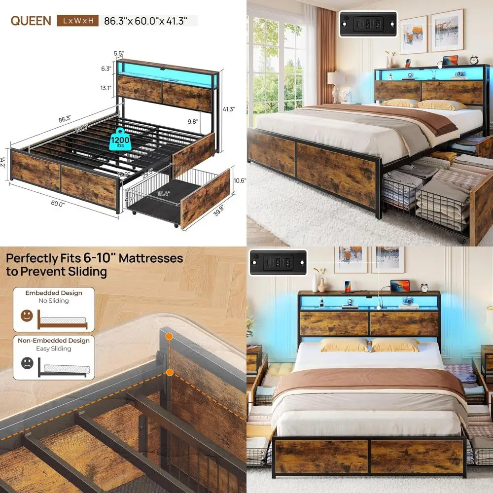 

Rustic Brown Queen Metal Platform Bed with 4 Drawers, 2-Tier Storage, Charging Station, LED Lights, No Box Spring Needed, Easy A