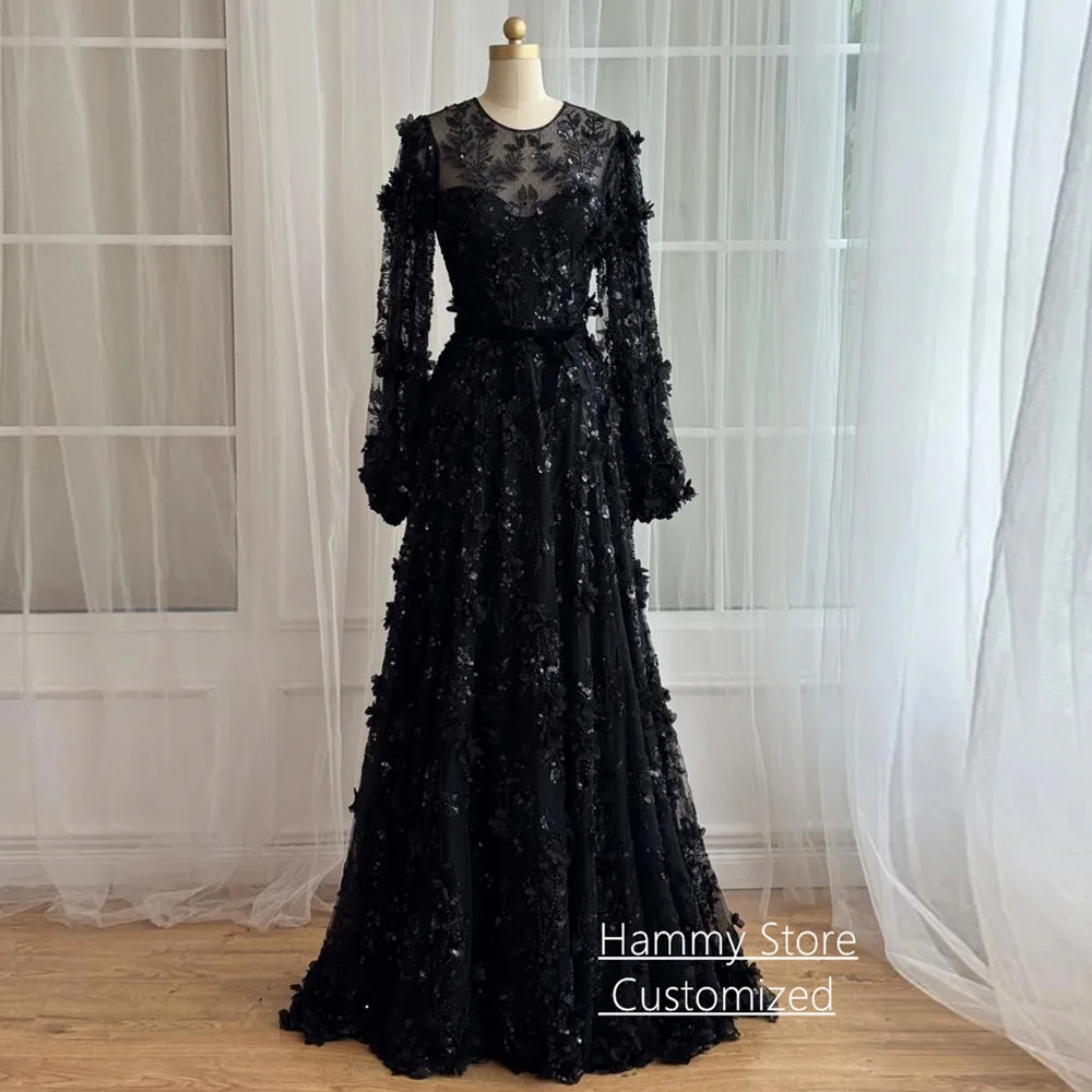 Luxuriöses arabisches Abendkleid, maßgeschneidert, lange Ärmel, O-Ausschnitt, Perlenstickerei, Spitzenapplikation, A-Linie, schwarzes Partykleid, Ballkleider