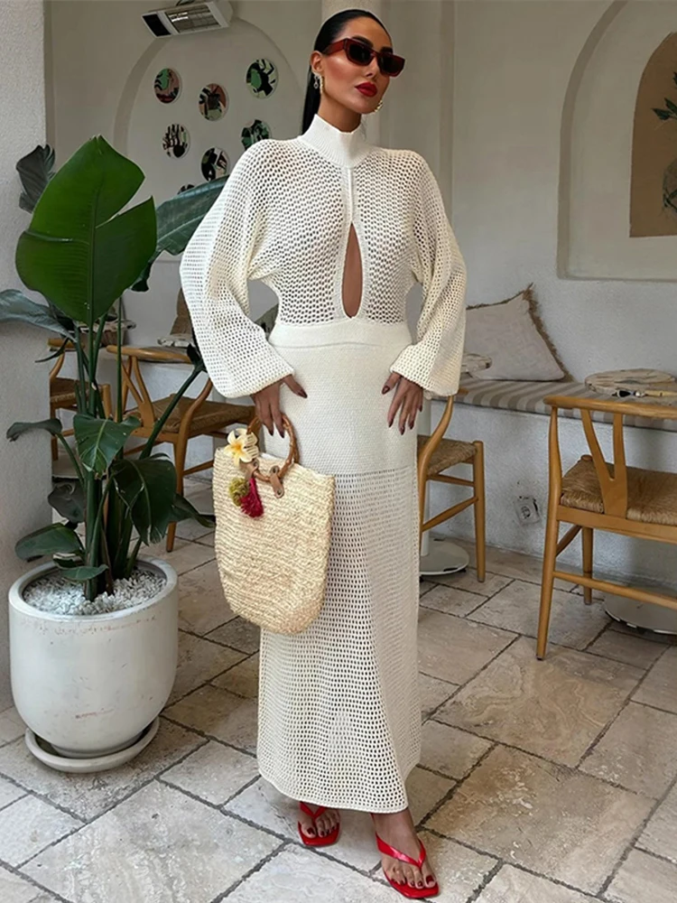 Women sexy Hollow Knitted  Cut Out Bell Long Dress Fashion Full Sleeve High Waist Patchwork Dresses Lady Chic Beach Robes