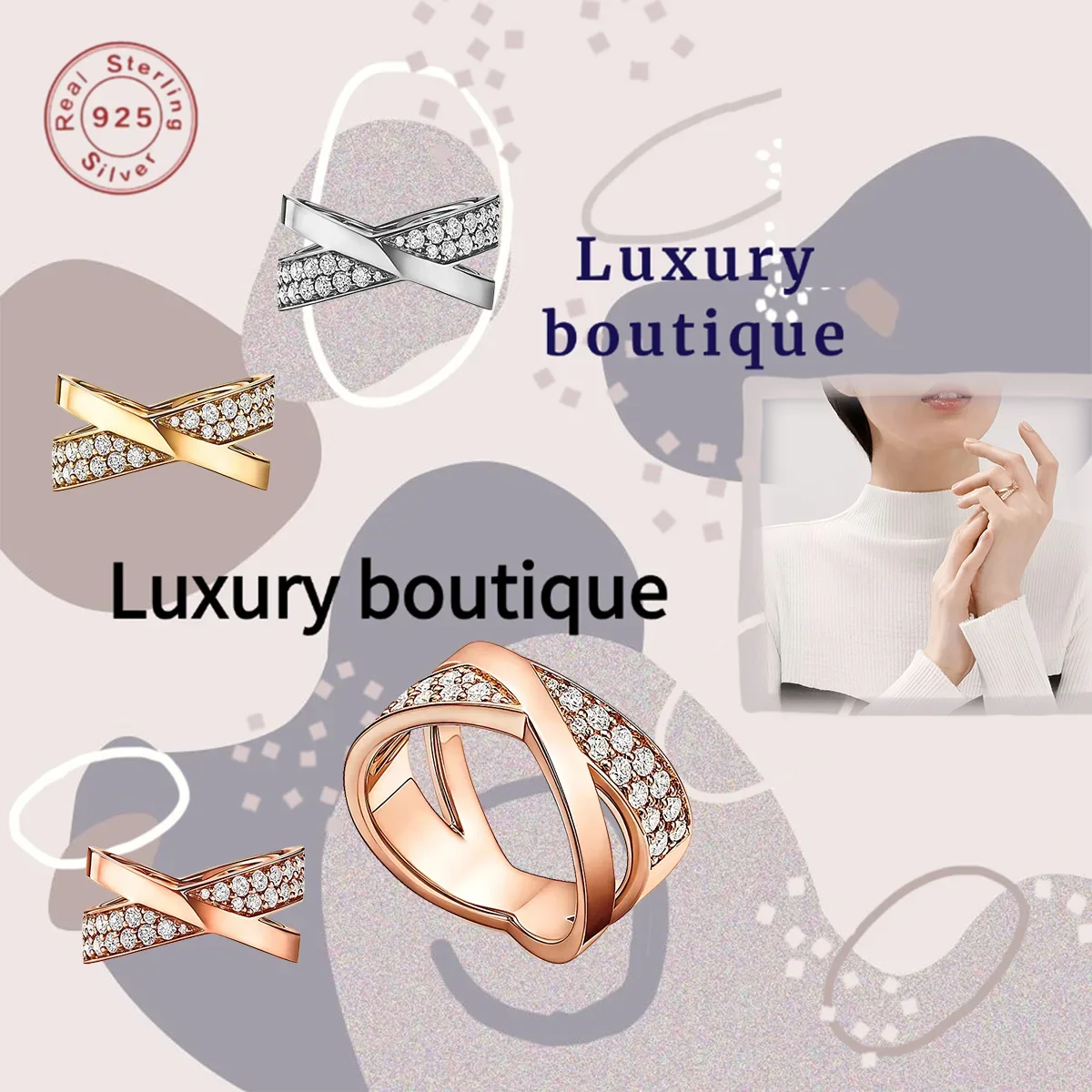 

Pure silver S925 ring with diamond inlay, two rows of X-shaped cross double layered women's luxury couple's festival gift
