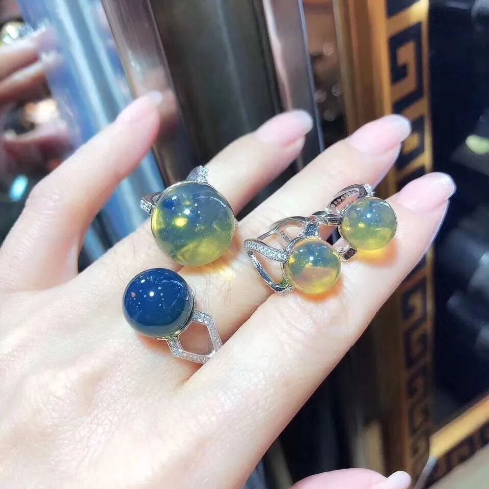 

Комплект ювелирных изделий из натурального синего янтаря 10-12-16 мм, ожерелье из стерлингового серебра S925, кольцо, серьги