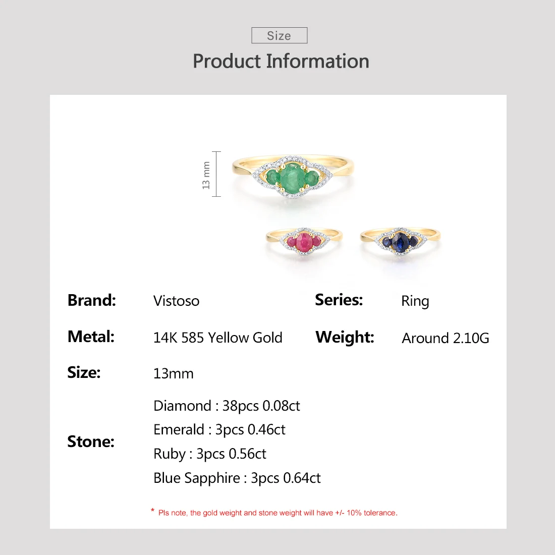 VISTOSO Pure 14K 585 Yellow Gold Rings For Women Sparkling Diamond Ruby/Emerald/Blue Sapphire Exquisite Wedding Fine Jewelry