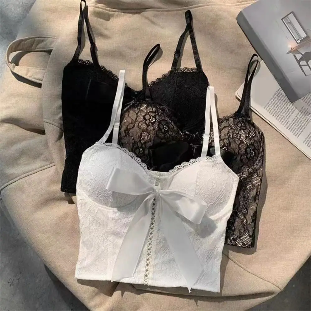 

Sweet Bow Lace Sleeveless Camisole Tanks All-match Slim Crop Tops Spicy Girl Style Streetwear V-neck Vest Top Spicy Girl Style