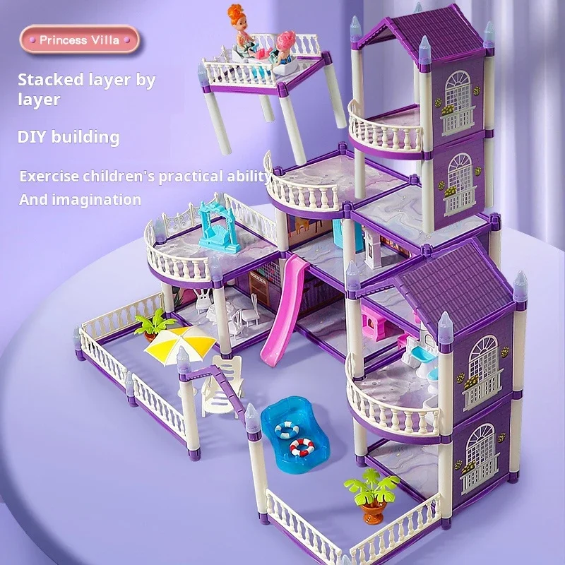 Multilayer Princess Doll House Toy Set DIY Assembled Castle Villa with Accessories for Children Girls Birthday Gift