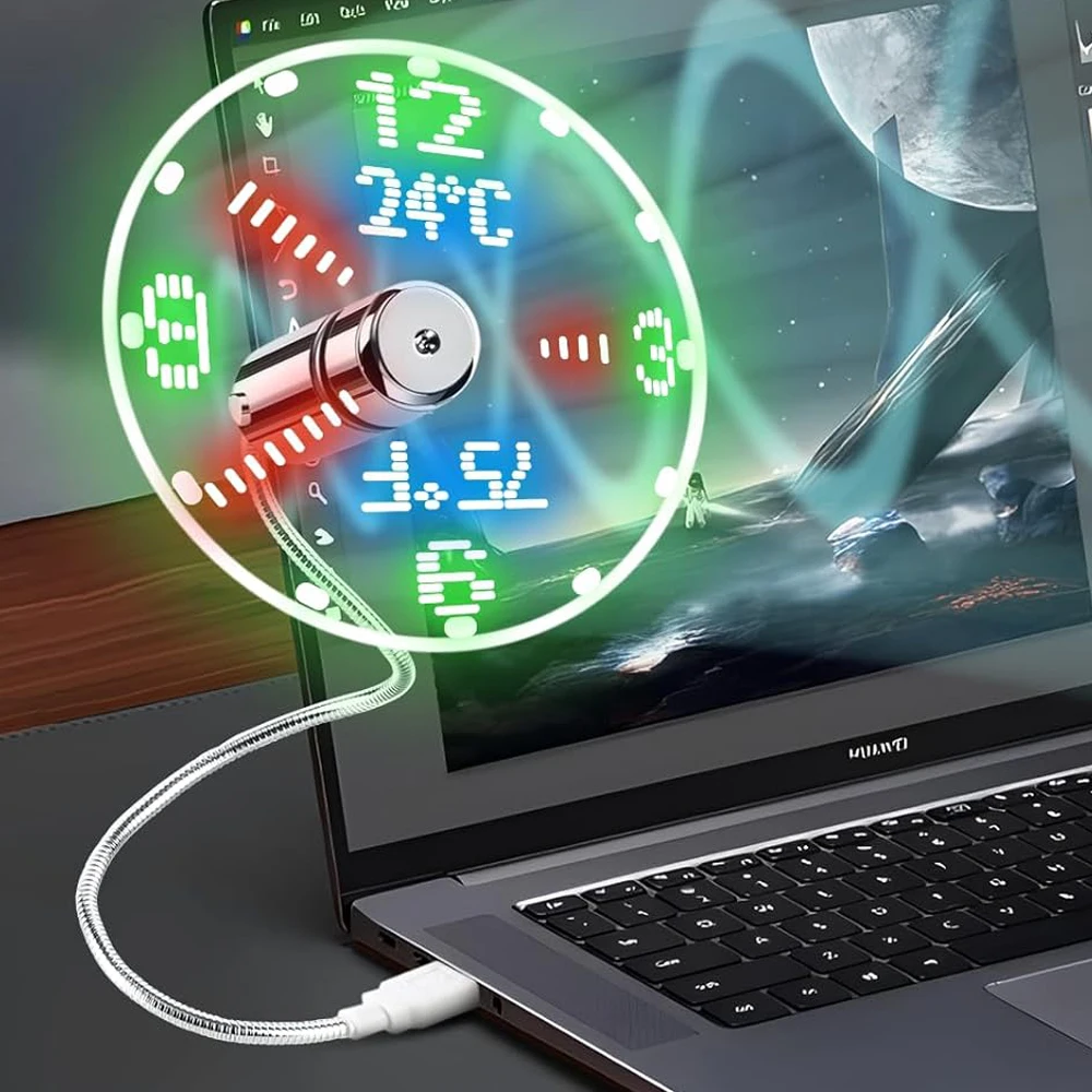 Flexible USB Led Clock Fan with Real-Time Temperature Display, Dual Temperature Display in Celsius and Fahrenheit, Time Can Be Set, Automatically Saved after Setting, Dc5V Usb-Powered Portable Fan with Led Clock and Temperature Display, Suitable for Computers, Laptops, and Ac Adapters, Suitable for Men/Women/Boys, New and Unique Creative Cool Gadget, Holiday Gift