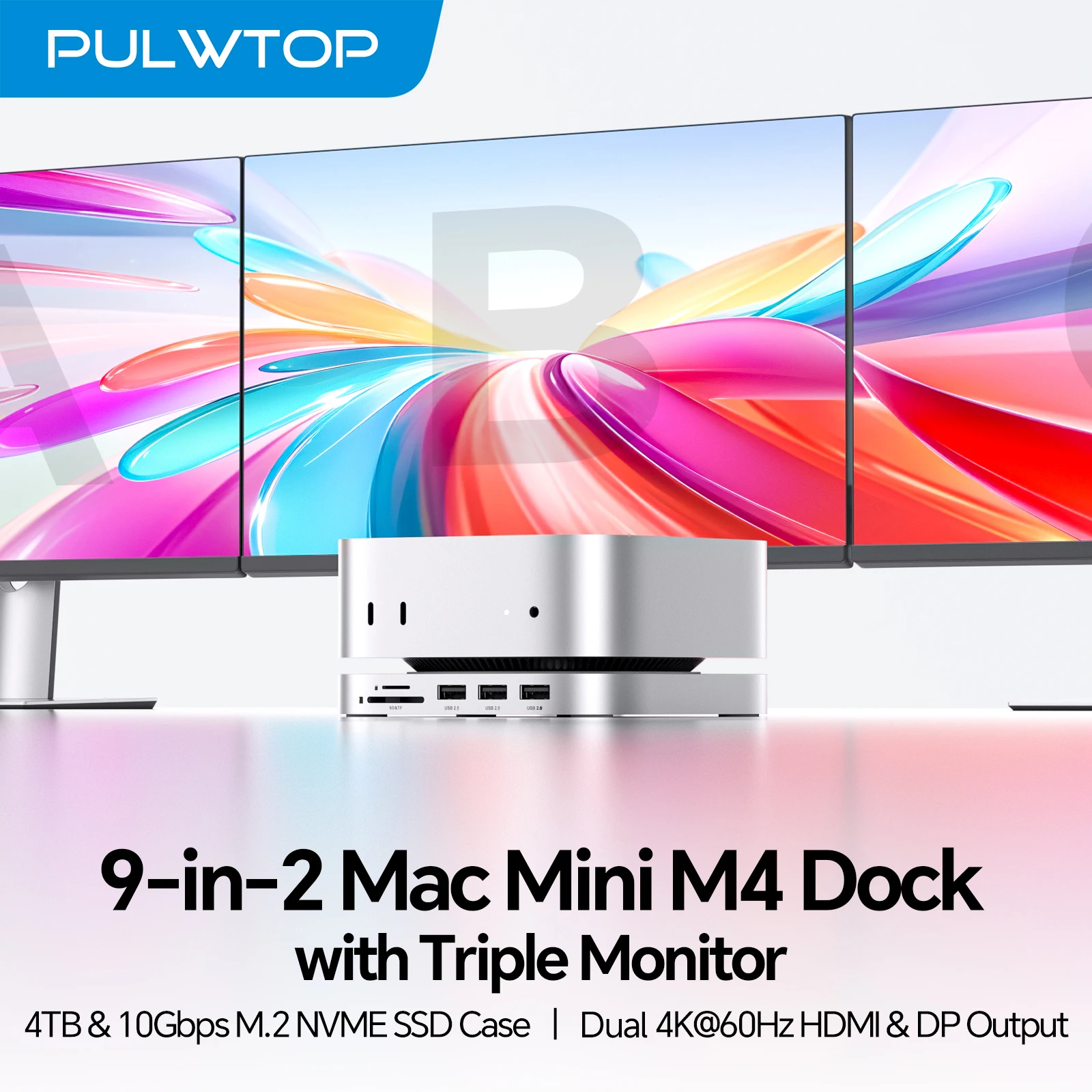 PULWTOP Mac Mini M4 Hub with DP & HMDI, 3 USB A 2.0, SD/TF 3.0, 3.5mm Audio/Mic, 4TB NVMe SSD Enclosure (SSD NOT Included)