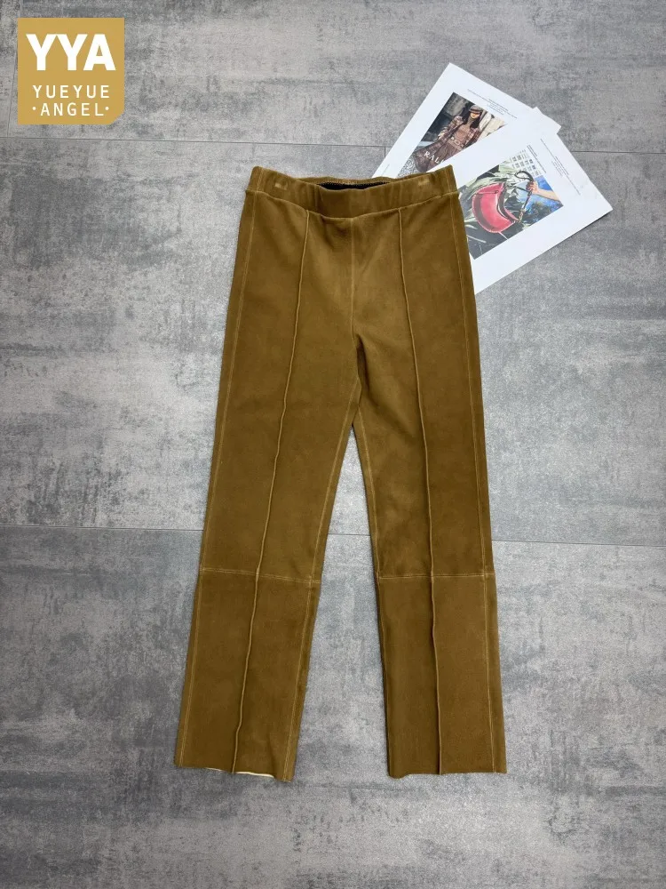 

Женские брюки из высококачественной овечьей замши, длиной до щиколотки, с эластичным поясом, приталенные, прямого кроя, из натуральной кожи.