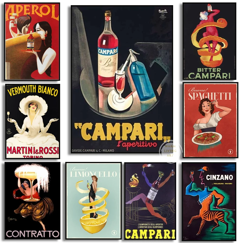 Vintage Campari Drink Posters Prints Aperol Liqueur Wall Pictures Canvas Painting Wine Pasta Bitter Campari Kitchen Wall Decor