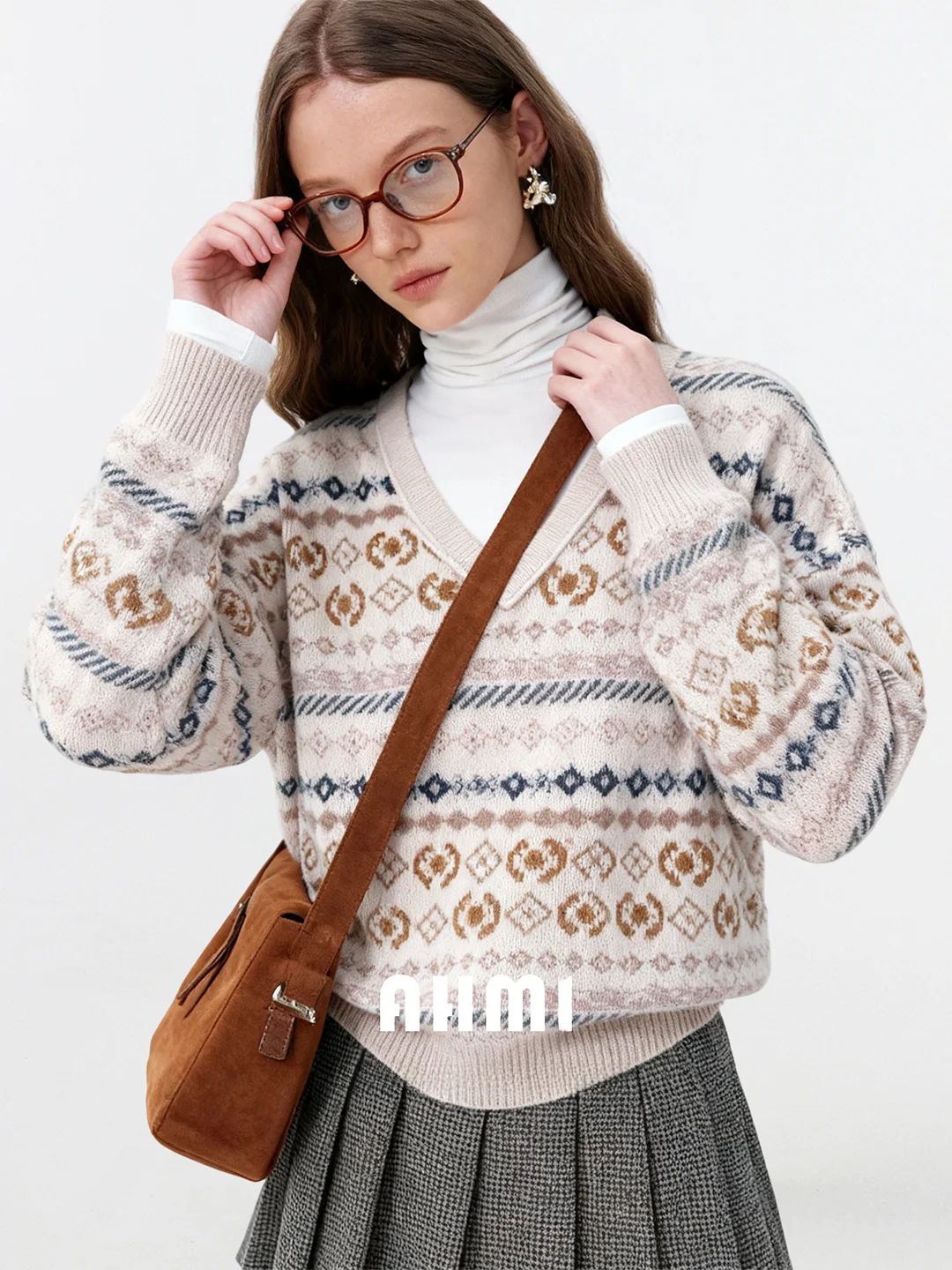 

AHMI High Faion Fair Isle Knitwear V-Ne Layering Sweater Women's Autumn Winter New Sle Warm Thiened Long Sve Top