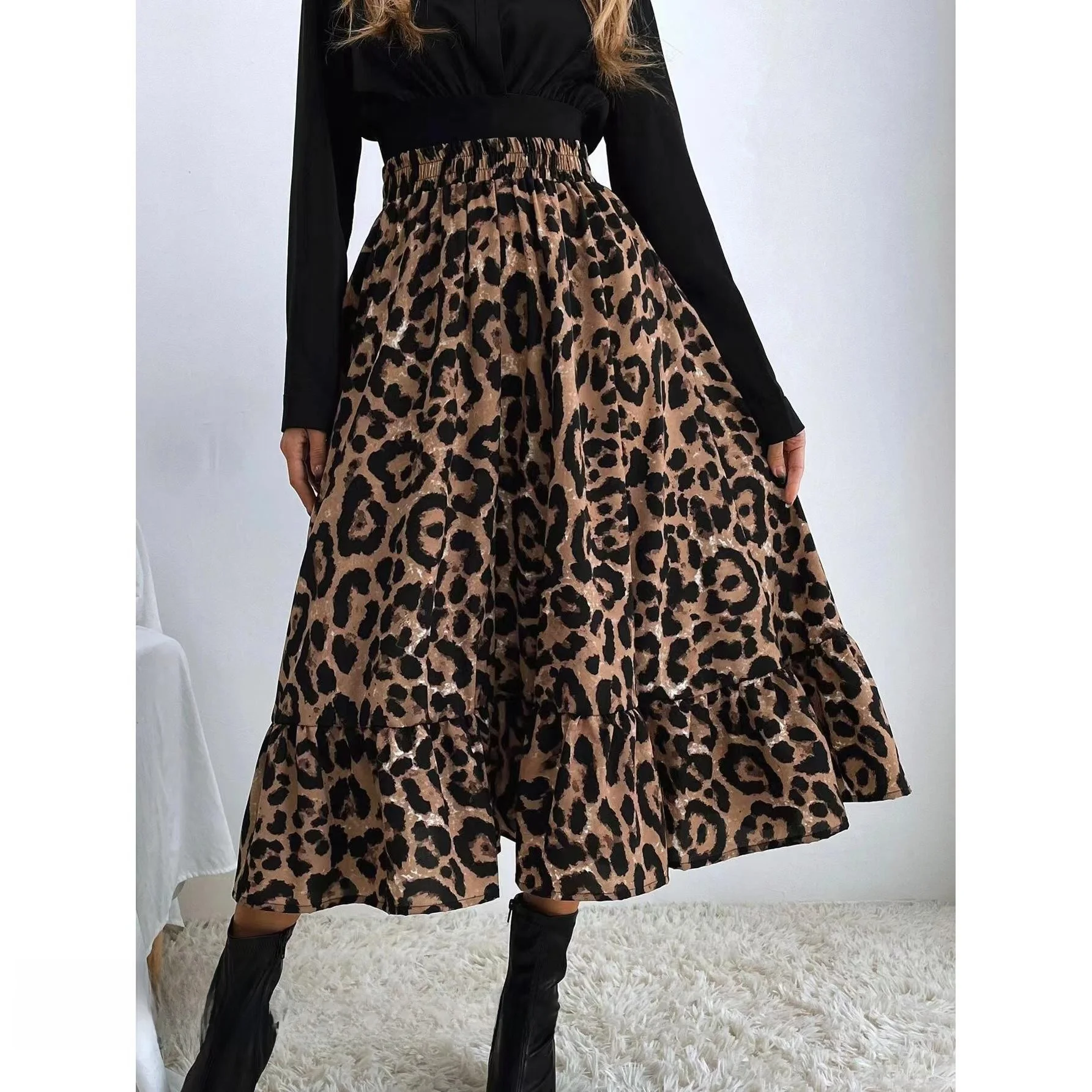 

Сексуальная юбка-миди трапециевидной формы с леопардовым принтом и высокой талией, свободная расклешенная длинная юбка, женская осенняя коллекция, дизайн с высокой талией