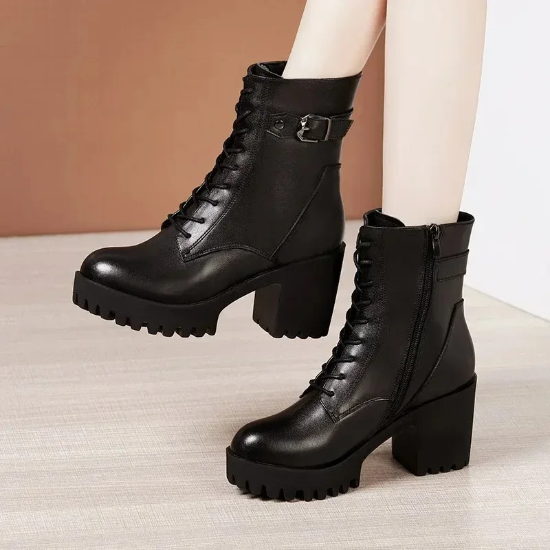 8cm Block High Heel Ankle Snow Boots Women Winter Genuine Leather Platform Shoes with Fur Small Size 32-43 Warm Daily Footwear view 3