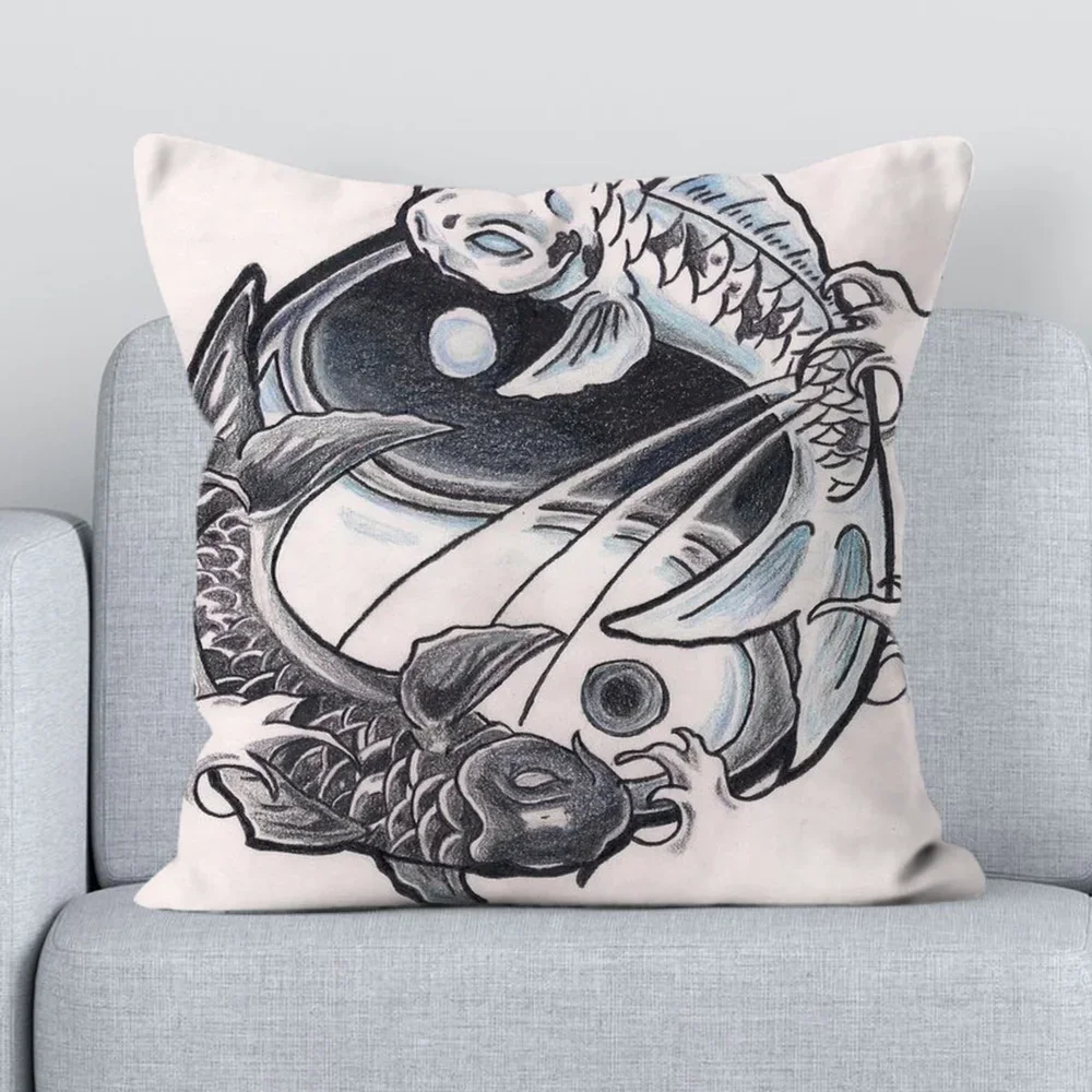 Japanese Koi Yin Yang Art throw pillow cover with short plush print for living room sofa decoration cushion cover pillow covers