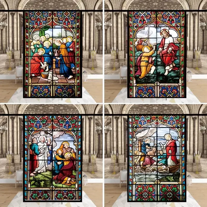 Stained Glass Window Stickers, Privacy Film, Church Style, Static Cling, Decorative Frosted Window Films, Customized Size