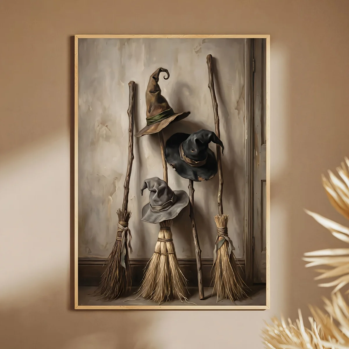 2D Flat, 1pc Frameless Retro Witch Hat & Broom Poster - Suitable for Halloween, Modern Wall Art, Reusable Canvas Painting for