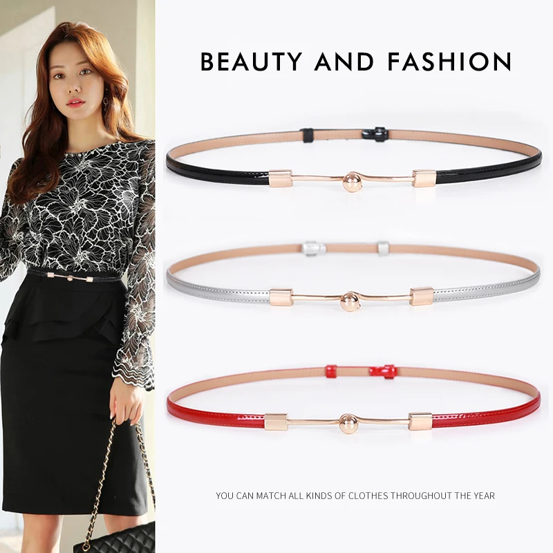 

Fashion Luxury Women's Thin Belt Patent Leather Metal One Pearl Buckle Adjustable Suitable for Dresses corset belt for women