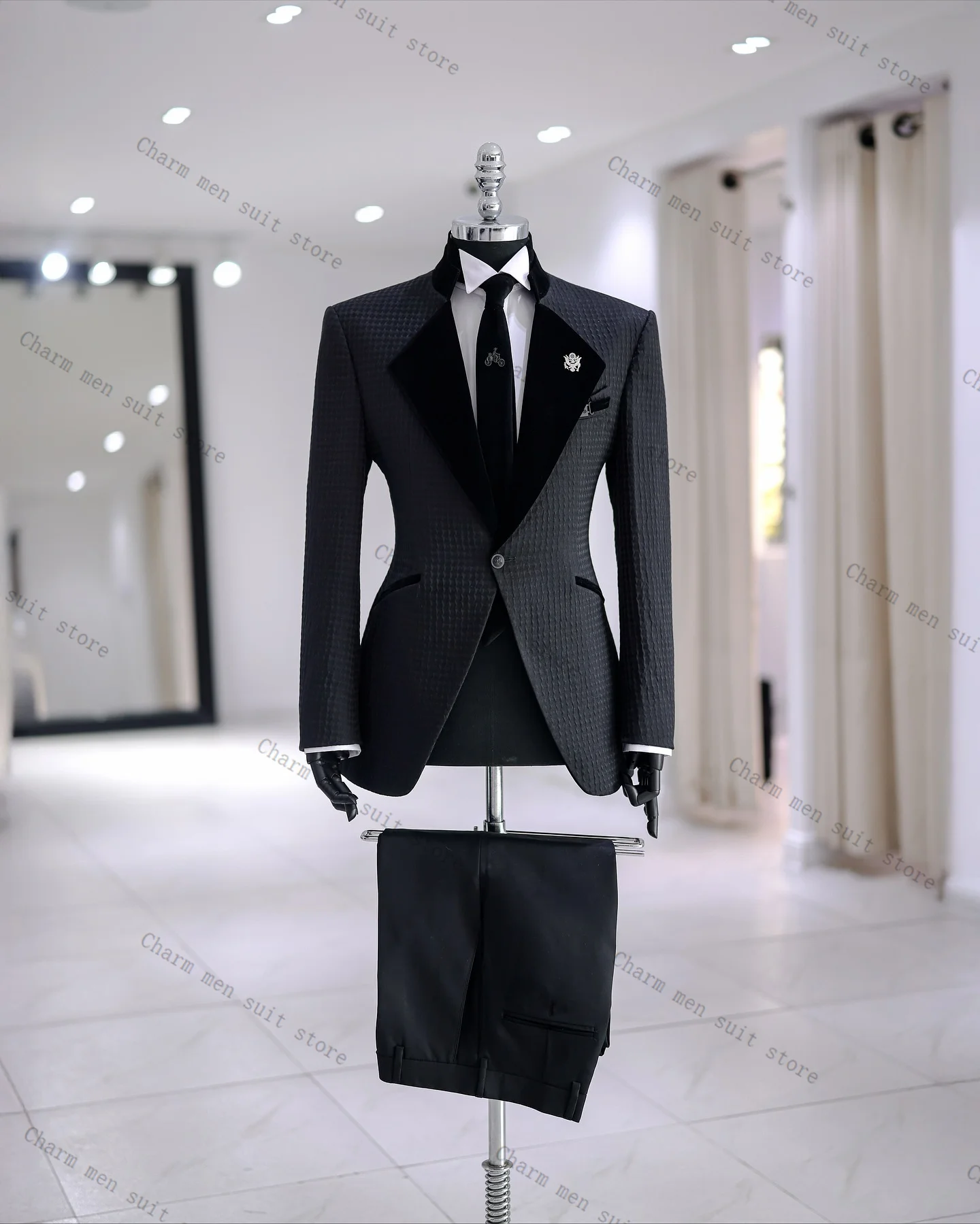 

Black Men Suits Set 2 Pcs Blazer+Pants Trousers Velvet Lapel Wedding Tuxedos Cotton Formal Office Customized Prom Jacket Coat