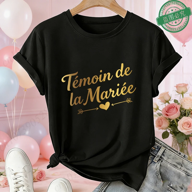 French Future Bride Team T-Shirts Fashion Shiny Gold Foil Casual Tops, O Neck Tees for Girl Bachelorette Single Farewell Party