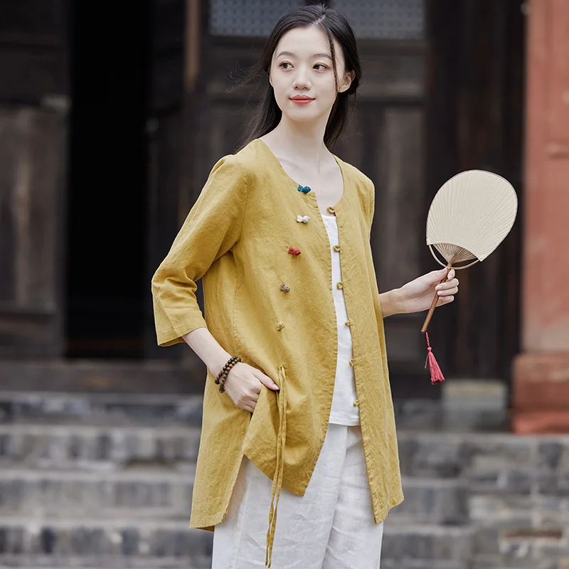 Women Chinese Style Shirts Vintage Zen Tea Suit Cotton Linen Stand Long Sleeve Solid Color 2023 Autumn Winter New Button Blouse