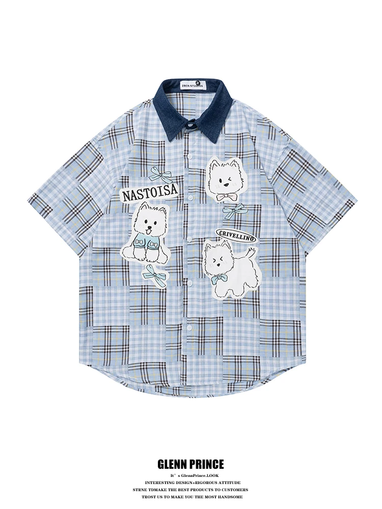 

GPstudio American Retro Patchwork Dog Plaid Casual Short Sleeve Shirt Men's Summer Lazy Style Loose Fit Breathable Polyester ...