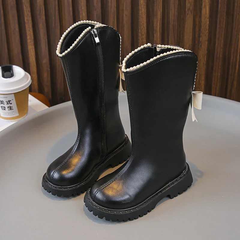 

2025 Autumn New Kids Princess Boots with Sweet Back Bows Girls Fashion Boots Round Toes Soft Bottom Children Mid-calf Boots