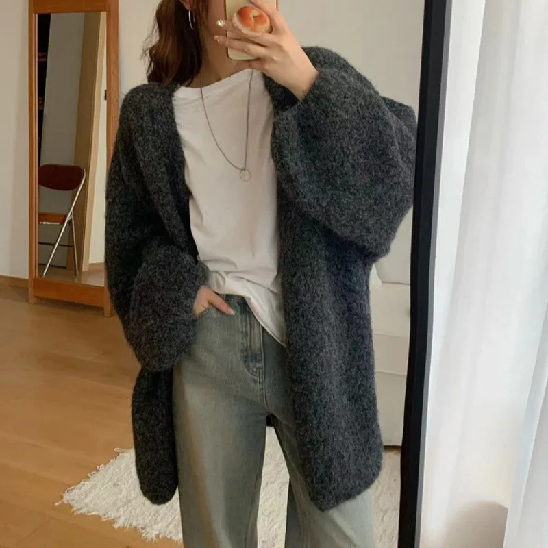 [EWQ] Puff Long Sleeve Soft Female Apricot Knitted Cardigan Solid All-match Loose Women Winter Sweater Coat 2024 Autumn 16O2237