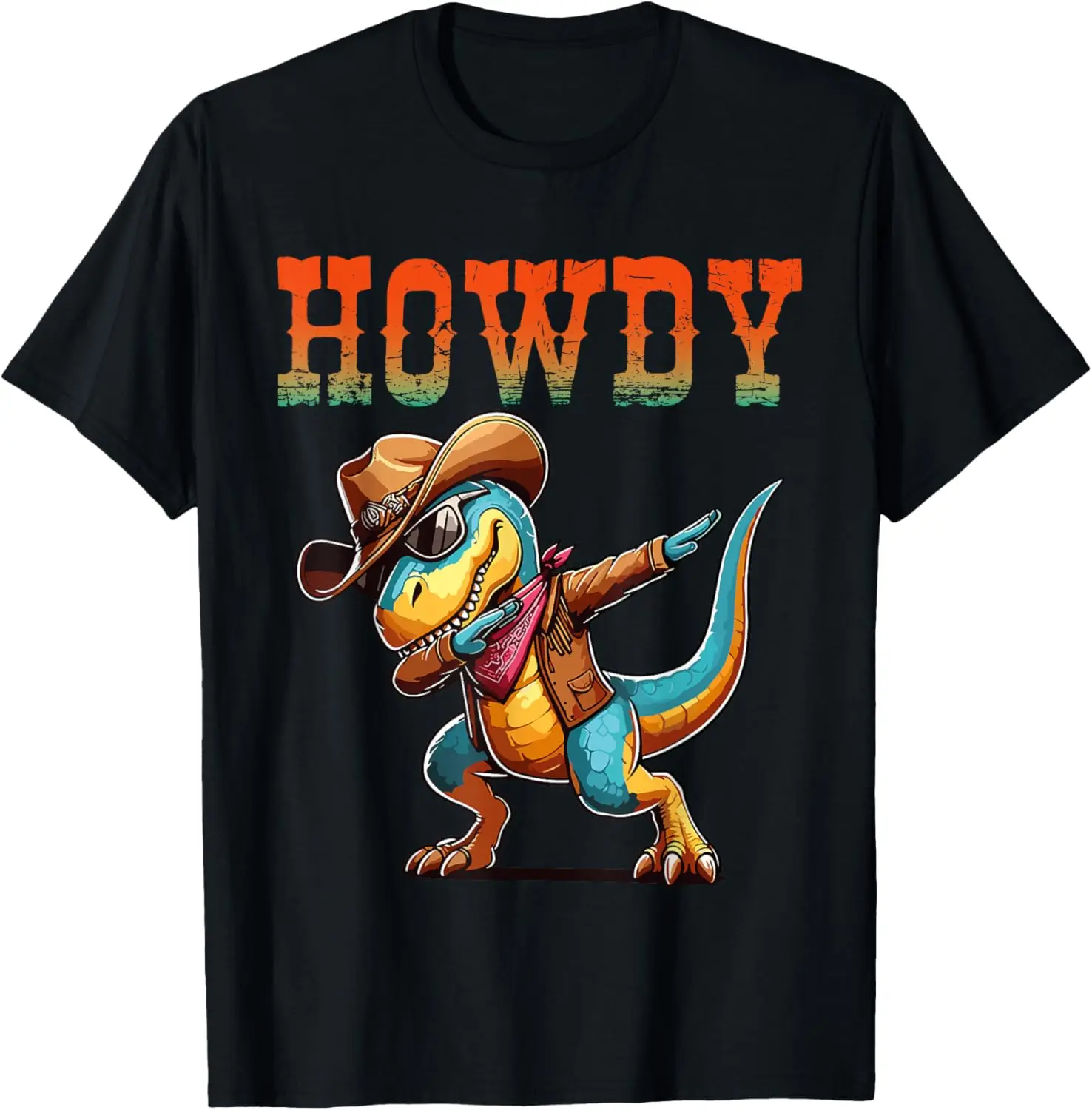 Dabbing Howdy Dinosaur wearing a cowboy and sunglasses T-Shirt