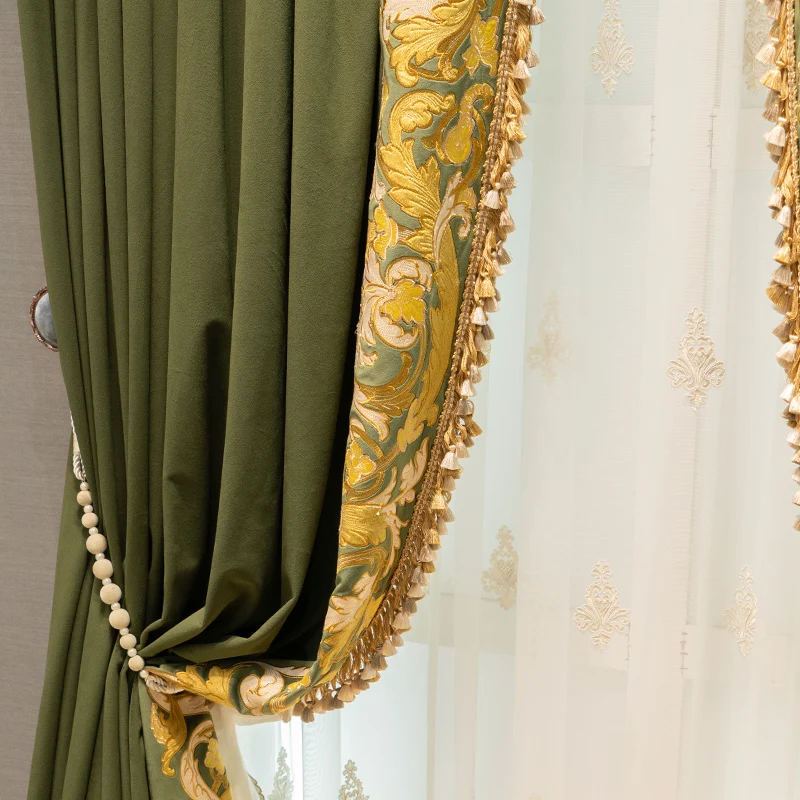 Custom upscale European retro olive-green silk flannelette embroidery thick velvet cloth blackout curtain tulle drape C1771