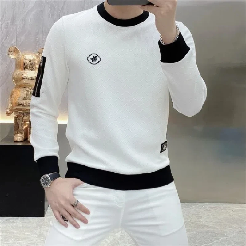Street Fashion Trend Autumn Sweatshirts Men O-Neck Contrast Color Embroid Jacquard Weave Zipper Korean Casual Loog Sleeve Tops