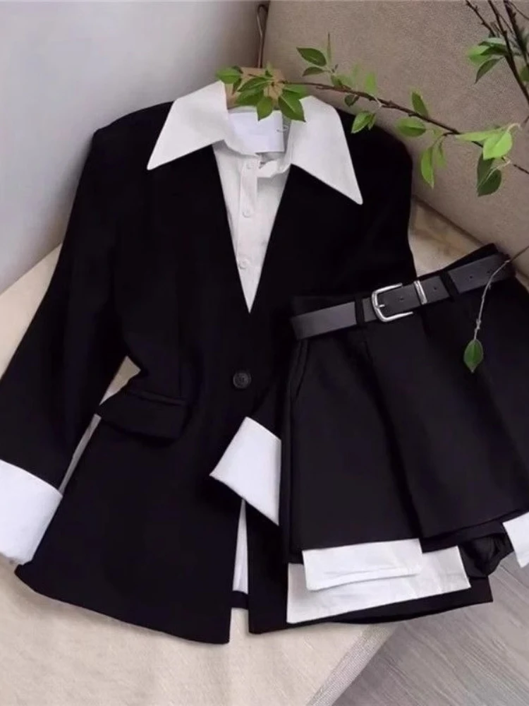 Women Two Piece Skirt Sets Patchwork Blazer Buttons Long Sleeve Jackets High Waist Mini Skirts Suit Elegant Office Lady Spring view 3