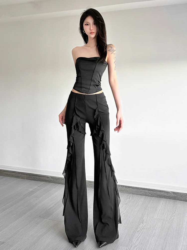 WEIRD PUSS 트렌디 밀레니엄 걸 캐주얼 팬츠 여성용 패셔너블 올매치 슬리밍 마이크로 플레어 팬츠 거즈 포함