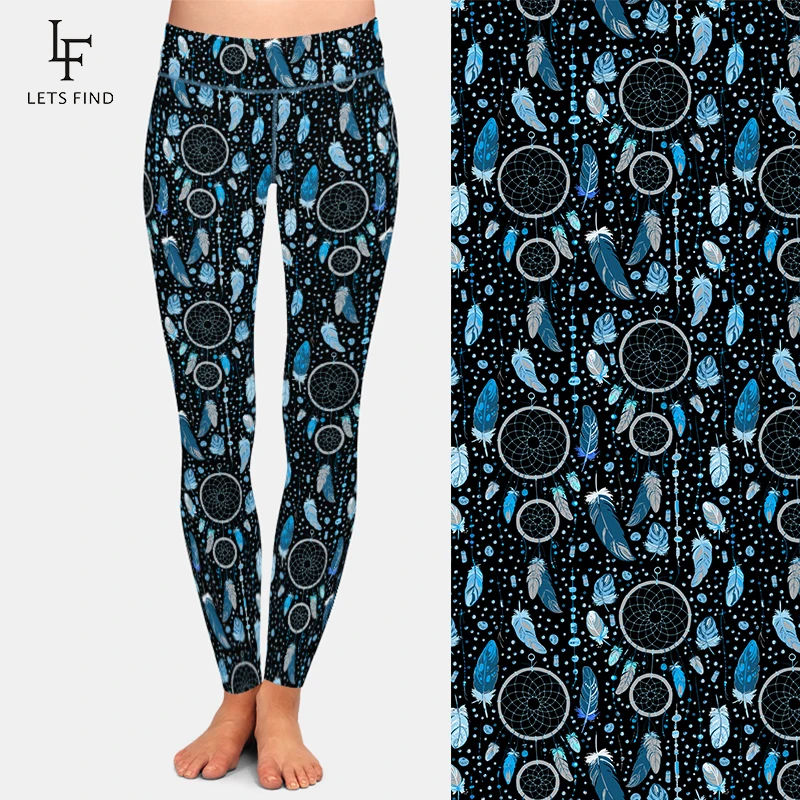 Letsfind fashio sonho apanhador e penas imprimir mulheres leggings de cintura alta fitness magro elástico leggings completos