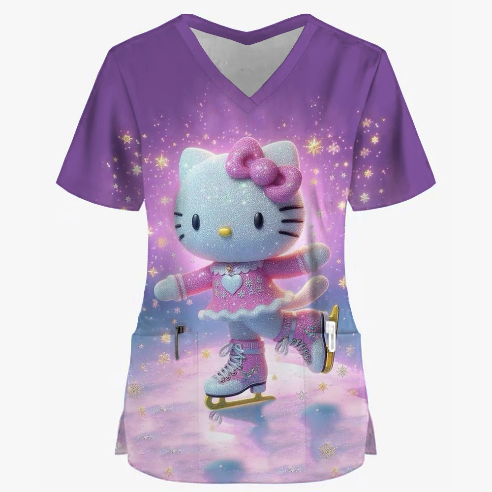 Hello Kitty/Kuromi printed nurse frosted top women's work clothes shirt short sleeved V-neck uniform dentist nurse uniform