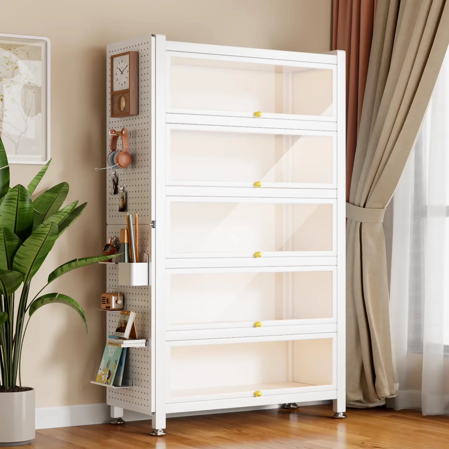 Glass bookcase with door Steel bookshelf Floor-to-ceiling dustproof iron figure display cabinet Household locker Storage